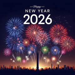 Happy New Year 2026 with fireworks over a city skyline.