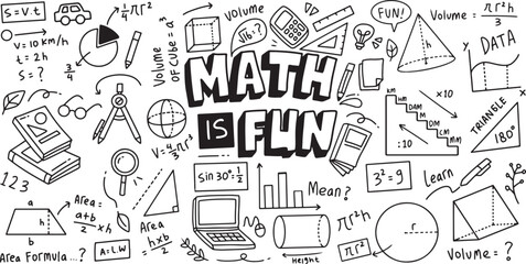 Mathematics subject doodle design. Education and study concept. Back to school background for notebook, notepad, sketchbook. Hand drawn illustration