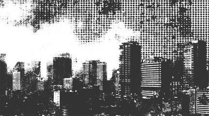 Black and white halftone dot pattern overlay on city skyline silhouette buildings architecture © Towhidul