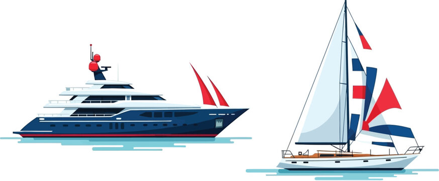 Luxury yacht and sailboat illustration on white background for nautical themes