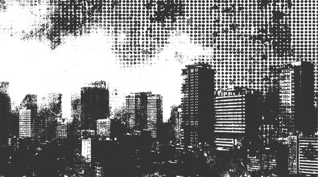 Black and white halftone dot pattern overlay on city skyline silhouette buildings architecture