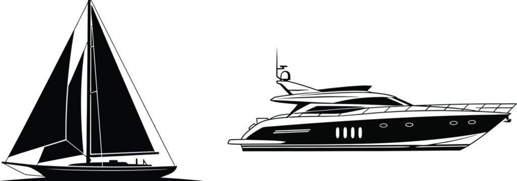 Fototapeta Sailboat and motor yacht vector illustration in black and white style