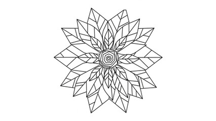 Geometric abstract flower design with layered petals and central spiral motif in black and white outline