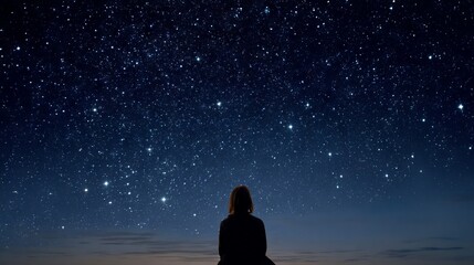 Fototapeta premium A child sits on a soft surface, gazing up at a vast canvas of stars twinkling brightly in the night sky. The tranquil scene inspires feelings of wonder and curiosity
