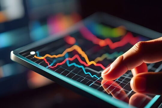 Analyzing stock market trends on a tablet with finger pointing at the graph for investment decisions