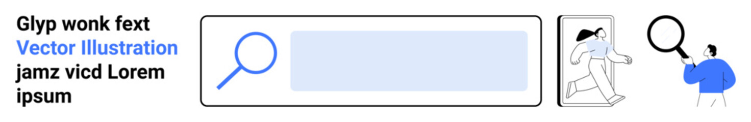 Fototapeta premium Search engine optimization, online research, technology tools, user interaction, website navigation, digital queries. A search bar, magnifying glass and searching figures. Online research and user