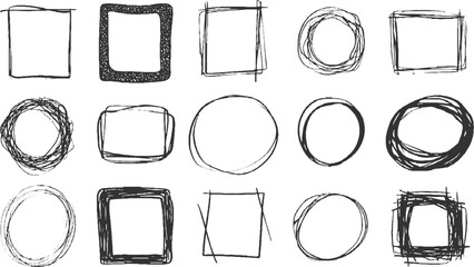 Collection of hand drawn sketchy square and circle frames on white background drawing
