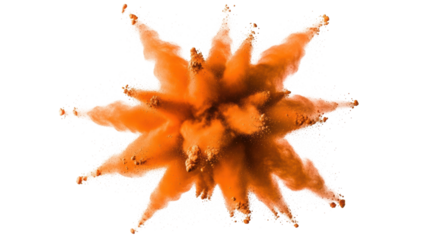 Vibrant tangerine orange powder explodes in a dynamic, swirling cloud, microscopic particles detailed on a transparent studio background with copy space, concept of explosive energy and motion