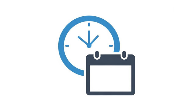 A stylized blue clock face and a dark blue calendar icon are depicted against a white background representing time management and scheduling concepts