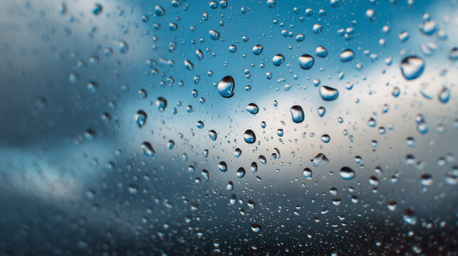 raindrops on window glass, blue background. rainy day concept with copy space.