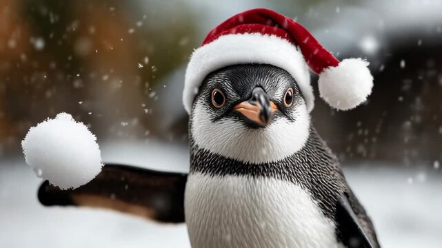 Playful penguin wearing a festive Santa hat joyfully throws a snowball, showcasing a delightful winter scene with falling snow, camera captures the action with a dynamic zoom in