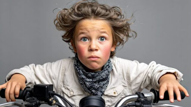 Young boy with tousled hair and a bandana grips motorcycle handlebars tightly, displaying excitement and determination, as the camera zooms in on his focused expression and intense emotions
