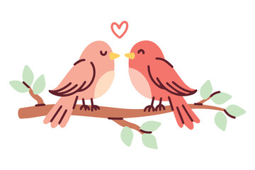 A pair of lovely birds sitting on a tree branch and kissing. Romantic nature illustration symbolizing couple love and spring season.