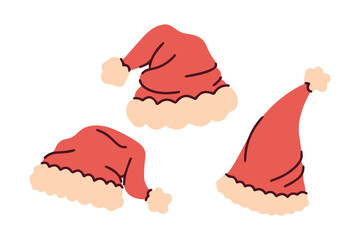 A collection of three red Christmas caps with white fur trim. Festive headwear icons isolated on white for holiday costume design.