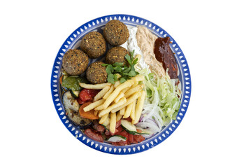 Falafel plate with french fries, hummus and fresh salad