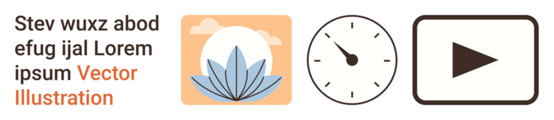 Wellness, time management, multimedia, mindfulness, creativity, productivity. Lotus flower, clock play button icons. Wellness and time management concept