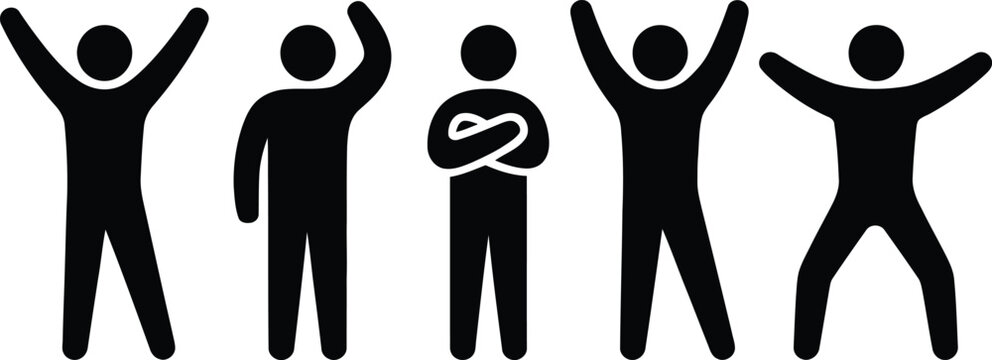 Five diverse stick figures celebrating with arms raised in unison