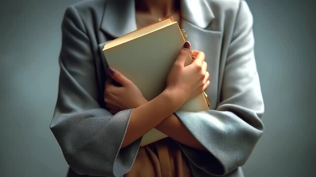 Faceless figure holding a notebook against their chest, symbolic mood of nostalgia or memory, soft blur, with copy space