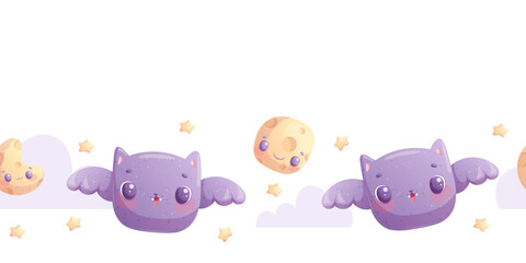 Seamless Halloween border with cute bat, moon and stars on a white background. 