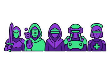 Group of colorful character illustrations depicting various fantasy and sci-fi archetypes in a digital art style