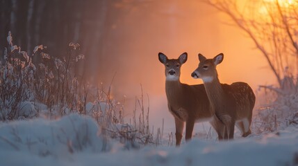 A deer standing in the snow with a sun behind it
