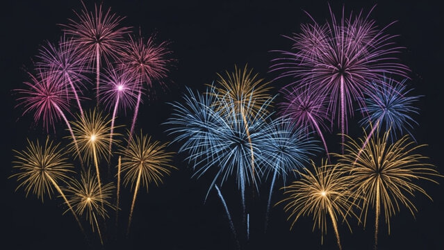 A vibrant display of colorful fireworks bursts against the dark night sky illuminating the darkness with streaks of pink gold and blue