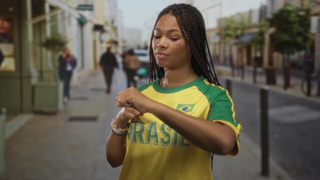 Young african american woman pointing to wrist on busy city street in brazil jersey, bracelets and scrunchie visible; impatience timekeeping.