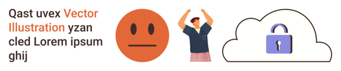 Fototapeta premium Data protection, emotional health, cloud security, user privacy, online safety, mental well-being. A person cheering beside a neutral emotion and a lock icon inside a cloud. Data protection