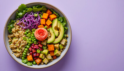 Colorful Vegan Buddha Bowl Salad with Quinoa, Roasted Sweet Potatoes, Edamame, Shredded Cabbage, and Avocado Rose.