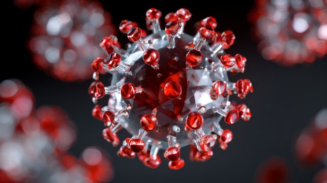 Close up illustration of a crystalline virus particle with red spikes on a dark background