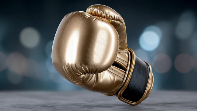 Golden boxing glove positioned dynamically on a wooden surface, showcasing its sleek design and texture, with a gradual camera zoom emphasizing the craftsmanship and details of the glove