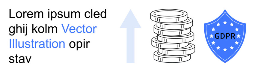 Data protection, GDPR compliance, online privacy, information security, digital economy, secure transactions. A shield labeled GDPR and stack of coins with an upward arrow. GDPR compliance