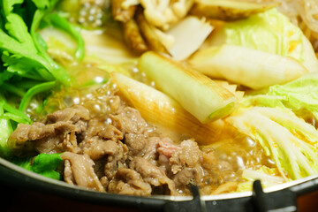 Sukiyaki, a Japanese hot pot dish featuring generous portions of beef and vegetables	