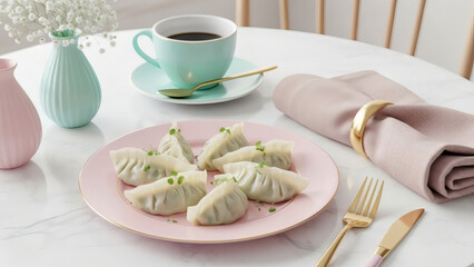 Bright and Clean Still Life of Steamed Gyoza Dumplings on a Pink Plate on a White Marble Table, Served with Coffee and Elegant Tableware for a Delicious Breakfast or Brunch