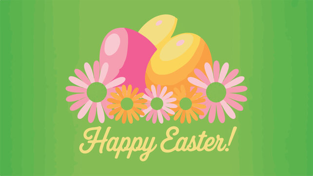 A colorful vector graphic celebrating the Easter holiday with stylized eggs and simple geometric flowers. This festive greeting card features a Happy Easter message
