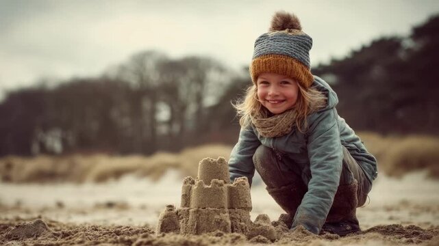 A young girl on a beach building a sandcastle, wearing a knit hat and scarf.