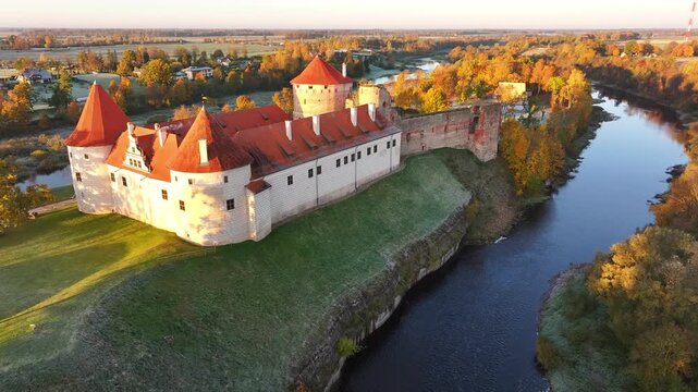 Bauska Castle in Latvia on a cold, frosty autumn morning