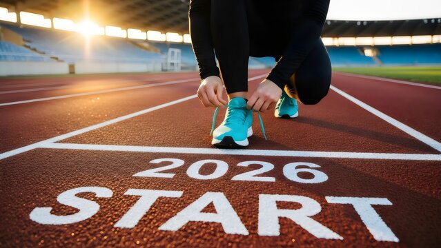 Athlete tying shoelaces at start line with 2026 goal, golden hour stadium, New Year's Resolution, Goal Setting, Beginning, Challenge, Sports, Fitness, Future, Ambition, New Year, Motivation