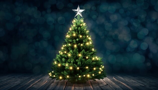 Green Christmas tree with fairy lights and star on dark bokeh lights background.