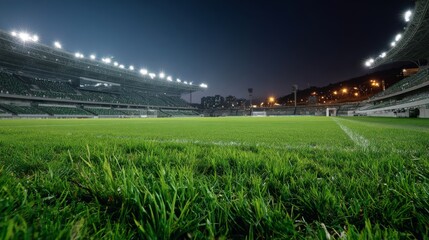 Fototapeta premium Empty illuminated football stadium pitch with close up green grass blades under dark sky