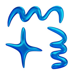 The collection 3d glossy lines and a star-like form, all rendered in a vibrant blue color with a liquid, futuristic appearance.