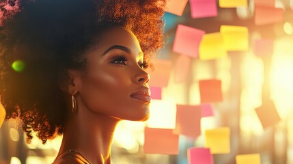 Woman planning ideas with colorful sticky notes on glass wall at sunrise, focused and thoughtful.