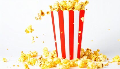 A dynamic close-up scene of a classic striped popcorn bucket overflowing with freshly popped popcorn.
