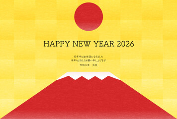 2026年午年の年賀状、赤富士と初日の出