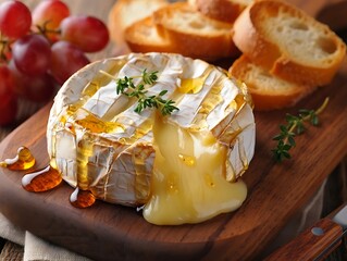 Baked Camembert with Honey and Thyme: A beautifully photographed wheel of baked Camembert cheese with honey, thyme, baguette slices, and grapes