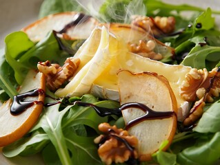 Warm Brie and Pear Salad: A warm salad with melted Brie, arugula, caramelized walnuts, and baked pear slices