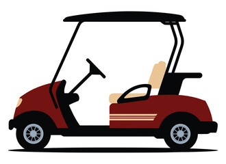 A red golf cart sits on a white background with no driver.