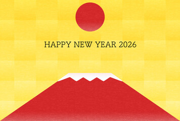 2026年午年の年賀状、赤富士と初日の出