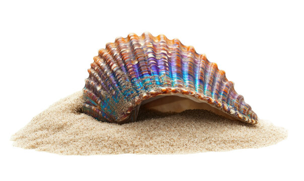 A colorful ribbed seashell resting on a small pile of sand isolated on transparent background