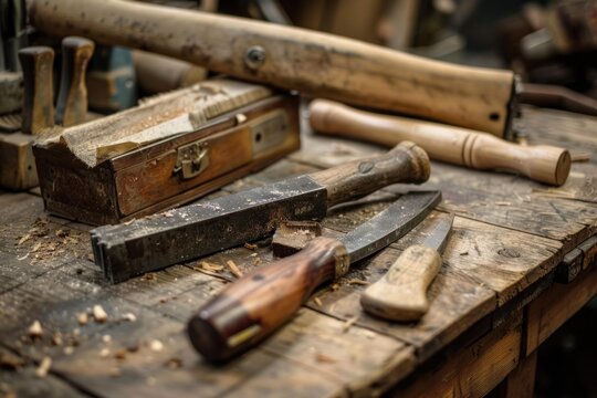 Carpenter tools and wood shavings laying on a wooden table in a workshop